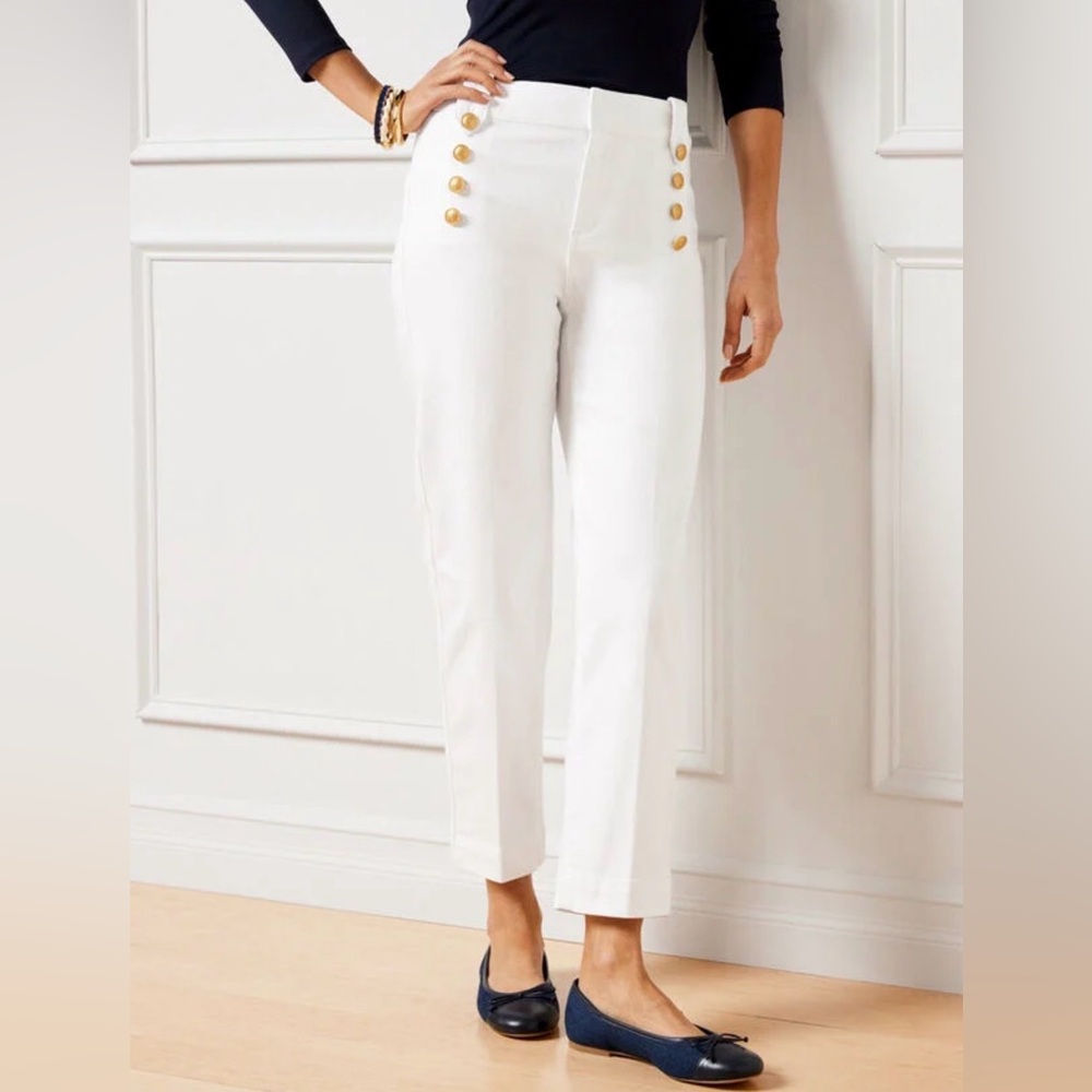 Talbots White Cropped Sailor Pants with Gold Buttons